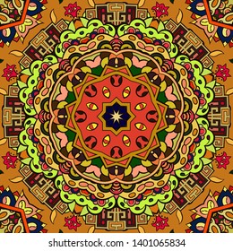 Seamless tracery tile mehndi design. Ethnic ornament, colorful doodle symmetry texture. Folk traditional spiritual tribal design. Curved doodling motif. Color art. Vector