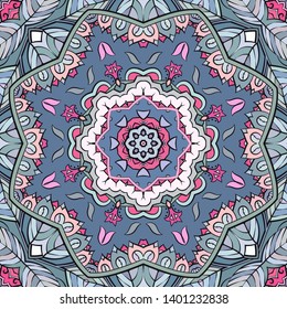 Seamless tracery tile mehndi design. Ethnic ornament, colorful doodle symmetry texture. Folk traditional spiritual tribal design. Curved doodling motif. Color art. Vector