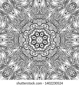Seamless tracery tile mehndi design. Ethnic ornament, doodle symmetry texture. Folk traditional spiritual tribal design. Curved doodling motif. Binary monochrome black and white art. Vector