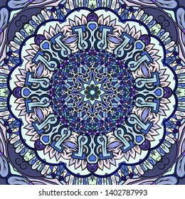 Seamless tracery tile mehndi design. Ethnic ornament, colorful doodle symmetry texture. Folk traditional spiritual tribal design. Curved doodling motif. Color art. Vector