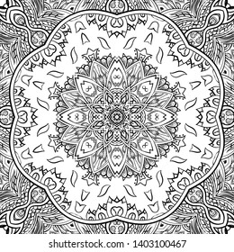 Seamless tracery tile mehndi design. Ethnic ornament, doodle symmetry texture. Folk traditional spiritual tribal design. Curved doodling motif. Binary monochrome black and white art. Vector