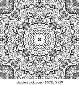 Seamless tracery tile mehndi design. Ethnic ornament, doodle symmetry texture. Folk traditional spiritual tribal design. Curved doodling motif. Binary monochrome black and white art. Vector