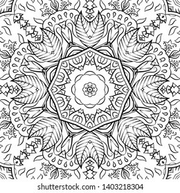 Seamless tracery tile mehndi design. Ethnic ornament, doodle symmetry texture. Folk traditional spiritual tribal design. Curved doodling motif. Binary monochrome black and white art. Vector
