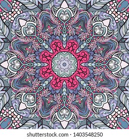 Seamless tracery tile mehndi design. Ethnic ornament, colorful doodle symmetry texture. Folk traditional spiritual tribal design. Curved doodling motif. Color art. Vector