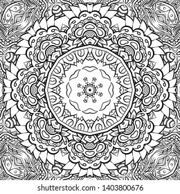 Seamless tracery tile mehndi design. Ethnic ornament, doodle symmetry texture. Folk traditional spiritual tribal design. Curved doodling motif. Binary monochrome black and white art. Vector