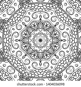 Seamless tracery tile mehndi design. Ethnic ornament, doodle symmetry texture. Folk traditional spiritual tribal design. Curved doodling motif. Binary monochrome black and white art. Vector