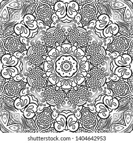 Seamless tracery tile mehndi design. Ethnic ornament, doodle symmetry texture. Folk traditional spiritual tribal design. Curved doodling motif. Binary monochrome black and white art. Vector