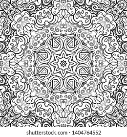 Seamless tracery tile mehndi design. Ethnic ornament, doodle symmetry texture. Folk traditional spiritual tribal design. Curved doodling motif. Binary monochrome black and white art. Vector