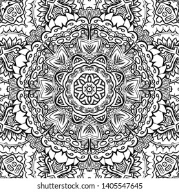 Seamless tracery tile mehndi design. Ethnic ornament, doodle symmetry texture. Folk traditional spiritual tribal design. Curved doodling motif. Binary monochrome black and white art. Vector