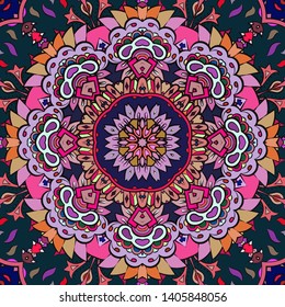 Seamless tracery tile mehndi design. Ethnic ornament, colorful doodle symmetry texture. Folk traditional spiritual tribal design. Curved doodling motif. Color art. Vector