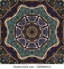 Seamless tracery tile mehndi design. Ethnic ornament, colorful doodle symmetry texture. Folk traditional spiritual tribal design. Curved doodling motif. Color art. Vector