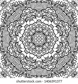 Seamless tracery tile mehndi design. Ethnic ornament, doodle symmetry texture. Folk traditional spiritual tribal design. Curved doodling motif. Binary monochrome black and white art. Vector