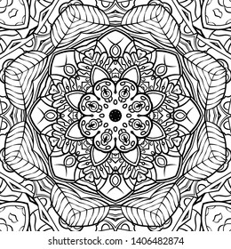 Seamless tracery tile mehndi design. Ethnic ornament, doodle symmetry texture. Folk traditional spiritual tribal design. Curved doodling motif. Binary monochrome black and white art. Vector