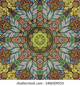 Seamless tracery tile mehndi design. Ethnic ornament, colorful doodle symmetry texture. Folk traditional spiritual tribal design. Curved doodling motif. Color art. Vector