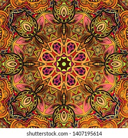 Seamless tracery tile mehndi design. Ethnic ornament, colorful doodle symmetry texture. Folk traditional spiritual tribal design. Curved doodling motif. Color art. Vector