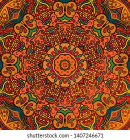 Seamless tracery tile mehndi design. Ethnic ornament, colorful doodle symmetry texture. Folk traditional spiritual tribal design. Curved doodling motif. Color art. Vector