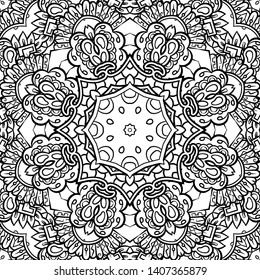 Seamless tracery tile mehndi design. Ethnic ornament, doodle symmetry texture. Folk traditional spiritual tribal design. Curved doodling motif. Binary monochrome black and white art. Vector