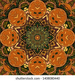 Seamless tracery tile mehndi design. Ethnic ornament, colorful doodle symmetry texture. Folk traditional spiritual tribal design. Curved doodling motif. Color art. Vector
