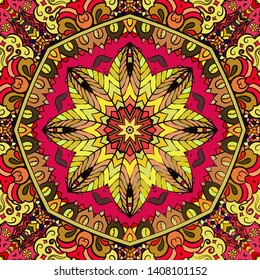 Seamless tracery tile mehndi design. Ethnic ornament, colorful doodle symmetry texture. Folk traditional spiritual tribal design. Curved doodling motif. Color art. Vector