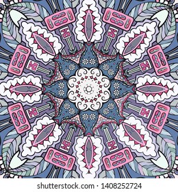 Seamless tracery tile mehndi design. Ethnic ornament, colorful doodle symmetry texture. Folk traditional spiritual tribal design. Curved doodling motif. Color art. Vector