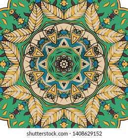 Seamless tracery tile mehndi design. Ethnic ornament, colorful doodle symmetry texture. Folk traditional spiritual tribal design. Curved doodling motif. Color art. Vector
