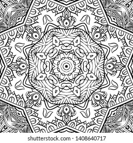 Seamless tracery tile mehndi design. Ethnic ornament, doodle symmetry texture. Folk traditional spiritual tribal design. Curved doodling motif. Binary monochrome black and white art. Vector