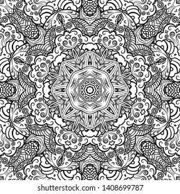 Seamless tracery tile mehndi design. Ethnic ornament, doodle symmetry texture. Folk traditional spiritual tribal design. Curved doodling motif. Binary monochrome black and white art. Vector