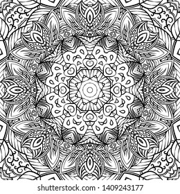 Seamless tracery tile mehndi design. Ethnic ornament, doodle symmetry texture. Folk traditional spiritual tribal design. Curved doodling motif. Binary monochrome black and white art. Vector