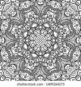 Seamless tracery tile mehndi design. Ethnic ornament, doodle symmetry texture. Folk traditional spiritual tribal design. Curved doodling motif. Binary monochrome black and white art. Vector