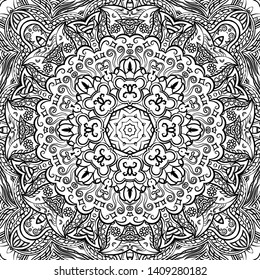 Seamless tracery tile mehndi design. Ethnic ornament, doodle symmetry texture. Folk traditional spiritual tribal design. Curved doodling motif. Binary monochrome black and white art. Vector