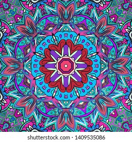 Seamless tracery tile mehndi design. Ethnic ornament, colorful doodle symmetry texture. Folk traditional spiritual tribal design. Curved doodling motif. Color art. Vector