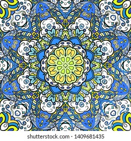 Seamless tracery tile mehndi design. Ethnic ornament, colorful doodle symmetry texture. Folk traditional spiritual tribal design. Curved doodling motif. Color art. Vector