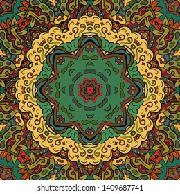 Seamless tracery tile mehndi design. Ethnic ornament, colorful doodle symmetry texture. Folk traditional spiritual tribal design. Curved doodling motif. Color art. Vector
