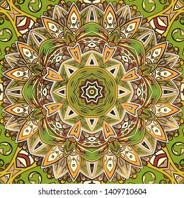 Seamless tracery tile mehndi design. Ethnic ornament, colorful doodle symmetry texture. Folk traditional spiritual tribal design. Curved doodling motif. Color art. Vector