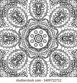 Seamless tracery tile mehndi design. Ethnic ornament, doodle symmetry texture. Folk traditional spiritual tribal design. Curved doodling motif. Binary monochrome black and white art. Vector