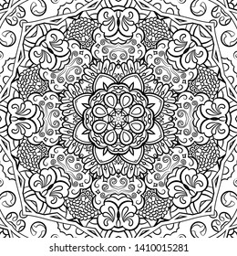 Seamless tracery tile mehndi design. Ethnic ornament, doodle symmetry texture. Folk traditional spiritual tribal design. Curved doodling motif. Binary monochrome black and white art. Vector
