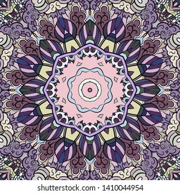 Seamless tracery tile mehndi design. Ethnic ornament, colorful doodle symmetry texture. Folk traditional spiritual tribal design. Curved doodling motif. Color art. Vector