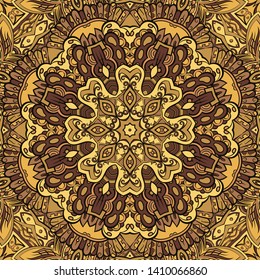 Seamless tracery tile mehndi design. Ethnic ornament, colorful doodle symmetry texture. Folk traditional spiritual tribal design. Curved doodling motif. Color art. Vector