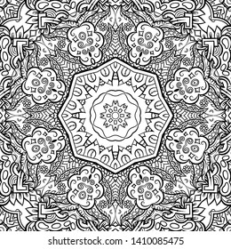 Seamless tracery tile mehndi design. Ethnic ornament, doodle symmetry texture. Folk traditional spiritual tribal design. Curved doodling motif. Binary monochrome black and white art. Vector
