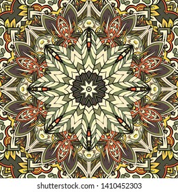 Seamless tracery tile mehndi design. Ethnic ornament, colorful doodle symmetry texture. Folk traditional spiritual tribal design. Curved doodling motif. Color art. Vector
