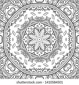 Seamless tracery tile mehndi design. Ethnic ornament, doodle symmetry texture. Folk traditional spiritual tribal design. Curved doodling motif. Binary monochrome black and white art. Vector
