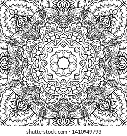 Seamless tracery tile mehndi design. Ethnic ornament, doodle symmetry texture. Folk traditional spiritual tribal design. Curved doodling motif. Binary monochrome black and white art. Vector