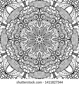 Seamless tracery tile mehndi design. Ethnic ornament, doodle symmetry texture. Folk traditional spiritual tribal design. Curved doodling motif. Binary monochrome black and white art. Vector
