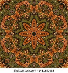 Seamless tracery tile mehndi design. Ethnic ornament, colorful doodle symmetry texture. Folk traditional spiritual tribal design. Curved doodling motif. Color art. Vector