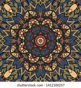 Seamless tracery tile mehndi design. Ethnic ornament, colorful doodle symmetry texture. Folk traditional spiritual tribal design. Curved doodling motif. Color art. Vector