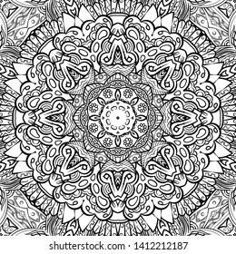 Seamless tracery tile mehndi design. Ethnic ornament, doodle symmetry texture. Folk traditional spiritual tribal design. Curved doodling motif. Binary monochrome black and white art. Vector