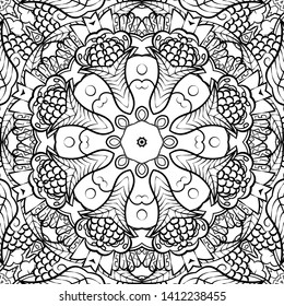 Seamless tracery tile mehndi design. Ethnic ornament, doodle symmetry texture. Folk traditional spiritual tribal design. Curved doodling motif. Binary monochrome black and white art. Vector