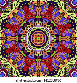 Seamless tracery tile mehndi design. Ethnic ornament, colorful doodle symmetry texture. Folk traditional spiritual tribal design. Curved doodling motif. Color art. Vector