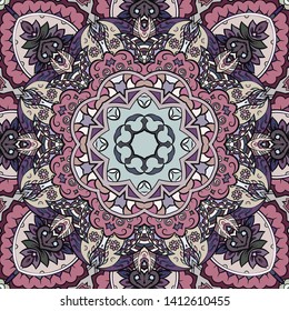 Seamless tracery tile mehndi design. Ethnic ornament, colorful doodle symmetry texture. Folk traditional spiritual tribal design. Curved doodling motif. Color art. Vector