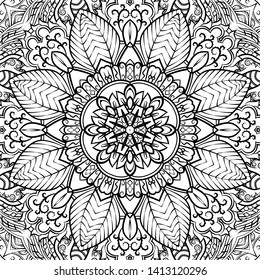 Seamless tracery tile mehndi design. Ethnic ornament, doodle symmetry texture. Folk traditional spiritual tribal design. Curved doodling motif. Binary monochrome black and white art. Vector